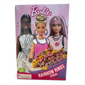 Barbie rainbow loops 350 g cereal box with three illustrated dolls in pink and purple packaging and colorful ring-shaped cereal