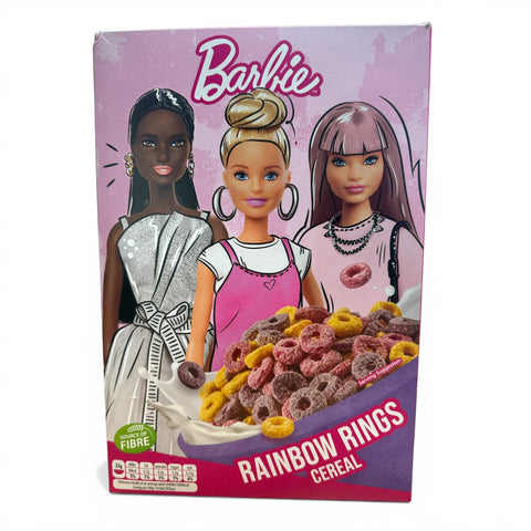 Barbie rainbow loops 350 g cereal box with three illustrated dolls in pink and purple packaging and colorful ring-shaped cereal