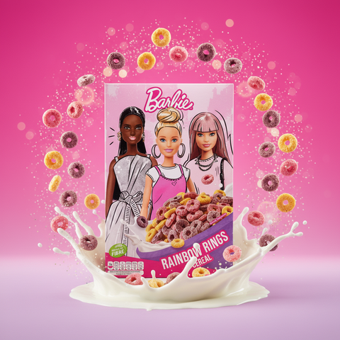 Barbie rainbow loops 350 g cereal box with three illustrated dolls and colorful ring-shaped cereal pieces in pink and purple design