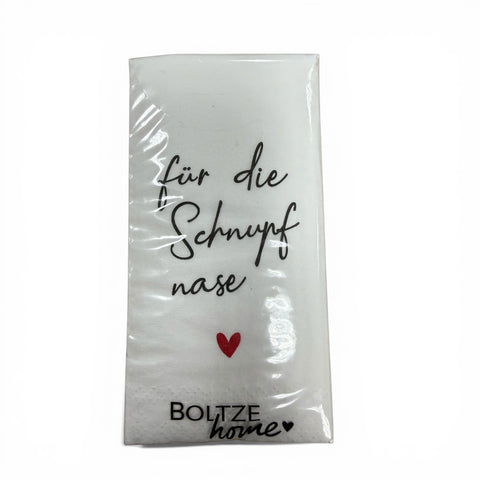 White paper napkin with black cursive text für die schnupfnase and red heart branded boltze home for taschentücher mit spruch
