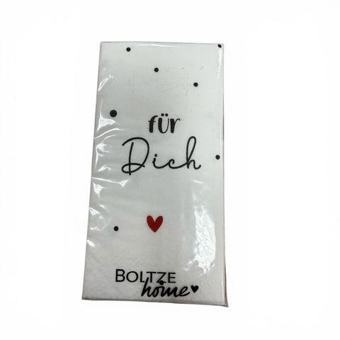 Taschentücher mit spruch weiß mit schwarzen punkten und filigranem für dich schriftzug und kleinem roten herz
