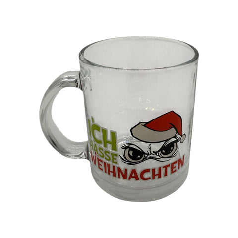 Trinkglas mit henkel 350ml aus klarglas mit cartoon-gesicht und rotem santa-hut mit text ich hasse weihnachten