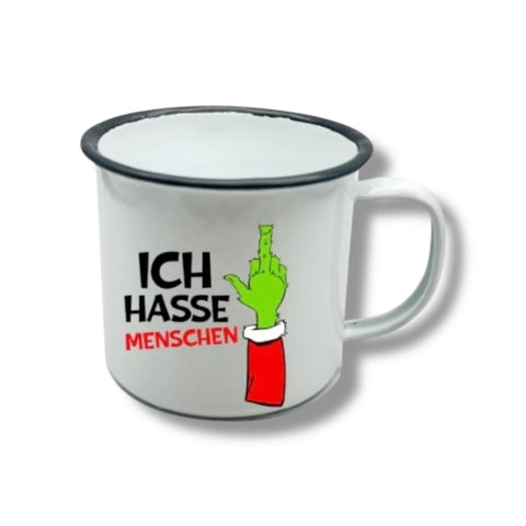 Weiße emaillierte metalltasse festtagsmuffel 350ml mit schwarzem rand grinch-hand und ich hasse menschen text
