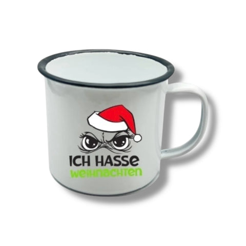 Weiß emaillierter metallbecher festtagsmuffel 350ml mit schwarzem rand und cartoongesicht mit rotem weihnachtshut