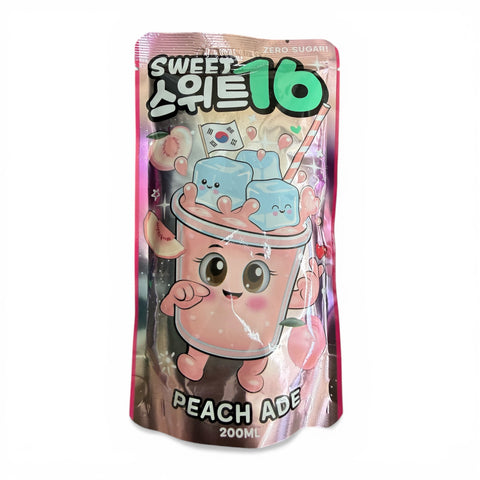 Pink und silberne metallic tasche sweet16 erfrischungsgetränk 200 ml mit cartoon pfirsich character