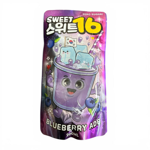 Süß16 erfrischungsgetränk 200 ml holografische lila und pinke tasche mit zero sugar blueberry ade