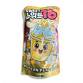 A vibrant yellow pouch of sweet16 korean pear ade with a cartoon drink character and apple illustrations on foil packaging