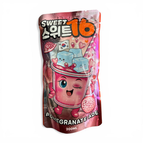 Sweet16 pink cartoon granatapfelsaft erfrischungsgetränk 200 ml mit lächelndem becher, eiswürfeln und koreanischer flagge