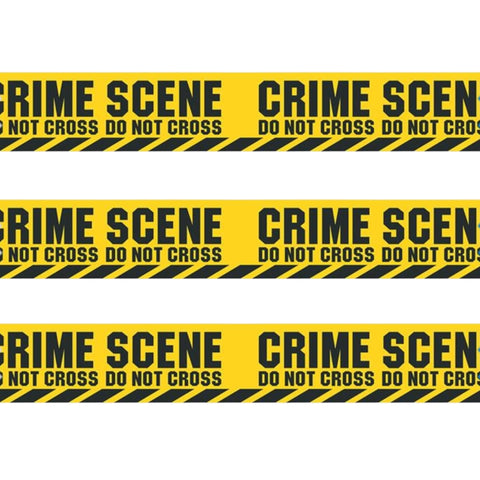 Absperrband crime scene 6 m in gelb mit schwarzem text und diagonalen streifen aus robustem kunststoff
