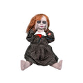 Puppe mit beweglichem kopf 27 5 cm zeigt orangehaarige gruselige puppe mit schwarzen augenhöhlen und kariertem kleid