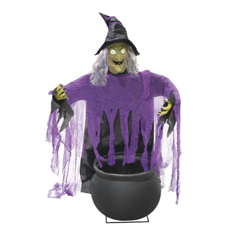 Animierte hexefigur in lila und schwarz mit leuchtenden augen trägt spitzenhut und zerlumpten umhang steht auf schwarzem kochtopf 140x96x60 cm