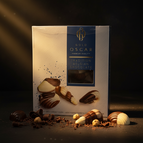 Weiß-blau verpackte gold oscar premium belgische schokolade schoko-meeresfrüchte 250 g mit muschelförmigen milch- und dunkelschokoladen
