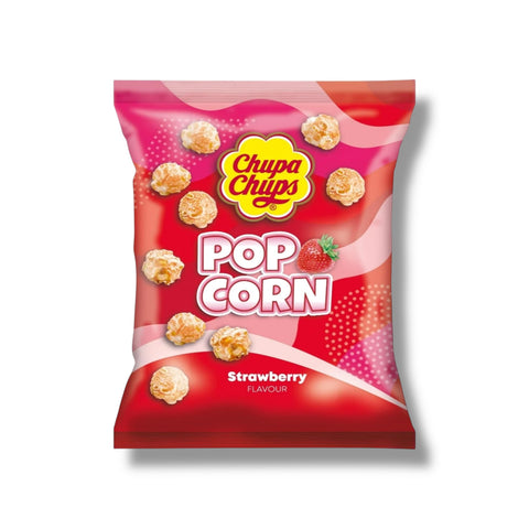 Ein lebhaft rot und pinkes chupa chups popcornbeutel mit erdbeeraroma und glänzender plastikverpackung 135 g