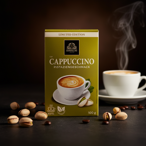 Grüne bardolini limited edition cappuccino tee box pistazien geschmack mit weißer tasse und ganzen sowie zerbrochenen pistazien