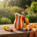 Karaffe mit fruchthenkel aus keramik orange weiß gestreift mit spielerischem griff aus früchten wie erdbeeren zitronen und orangen