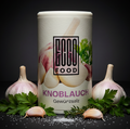 Weiße zylindrische dose der öko lebensmittelmarke mit knoblauchsalz und etikett mit knoblauch und petersilie