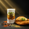 Weißer zylinderförmiger behälter der marke food food mit kotelett und schnitzel würzmischung 125g und bild von panierten schnitzeln mit zitronen und petersilie