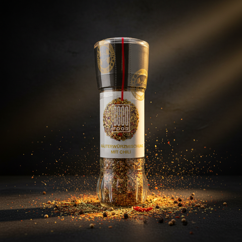 Transparent glas chili-mühle würzmischung 50g von doco food mit goldenen mustern und weißem etikett