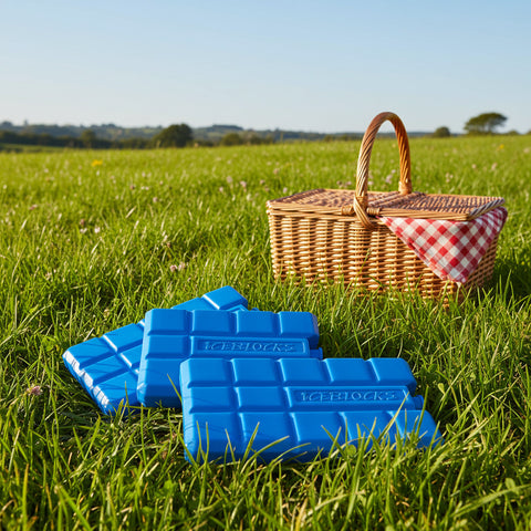 Kühlakku 2er set 15x8x2 cm mit texturierter oberfläche und geprägtem branding auf gras liegend
