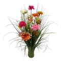 Eine lebendige künstliche blumenarrangement mit rosa, orange, gelb und weißen blüten und langen grünen grasstielen frühlingsgras 70cm