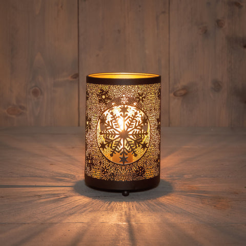 Led laterne schneeflocken gold mit metallischem schneeflockenmuster und warmem leuchtendem licht