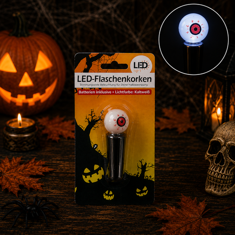 Weißes led eyeball-förmiges garten-licht mit roter iris und schwarzem pupille im halloween-design blisterpack
