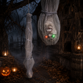 Led-hängende mumie 180 cm halloween dekoration mit grau-weißem, mumifiziertem kopf und leuchtenden rot-grünen augen