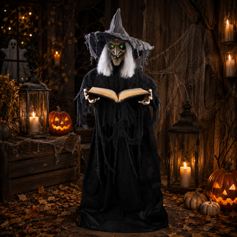 LED-Hexe mit Buch und Sound 190 cm