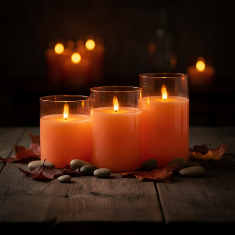 Led kerzen im glas 3er set mit drei leuchtenden orangen säulenkerzen in klaren glashaltern