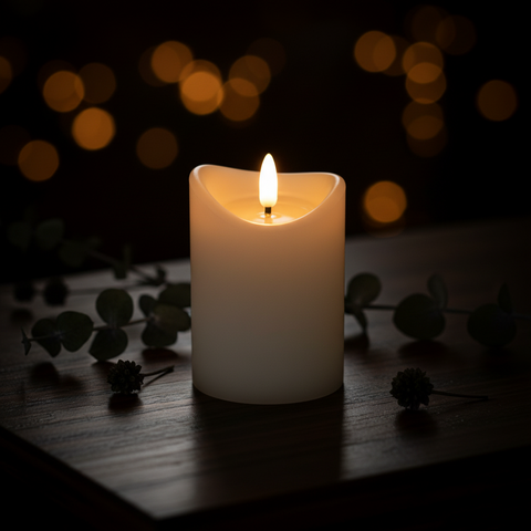 Eine weiße led-kerze mit wachsspiegel und realistischem flammeneffekt für warme ambiance