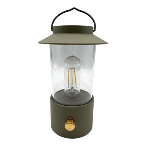 Laterne warmweiß dimmbar in matt oliv mit klarem glas, schwarzem griff und goldfarbenem knauf, 24x9 cm
