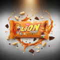 Orange-verpackter nestlé lion peanut snack size riegel mit brüllendem löwenlogo und verstreuten erdnüssen und schokoladenstücken