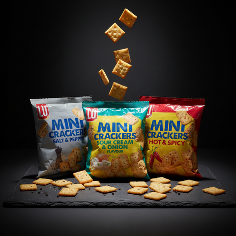 Drei bunte taschen lu mini cracker 77g in salz pfeffer, sour cream zwiebel und scharf würzigen geschmacksrichtungen