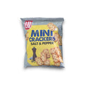 A bag of lu mini crackers 77g in salt and pepper flavor with yellow and gray packaging and a pepper grinder image