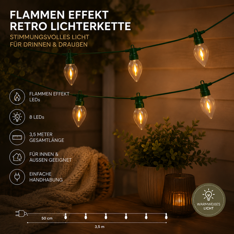 Lumineo Retro Lichterkette 8 LED 3,5m Flammen Effekt – Lifestyle Home & Garden