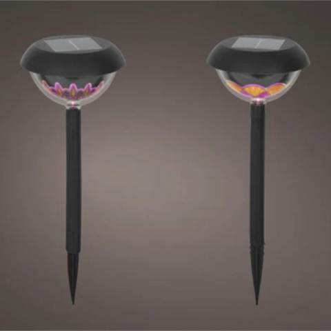 Schwarze solar-gartenlampe mit klaren kupelspitzen und farbenfrohen leuchtenden blumenmustern 360° design