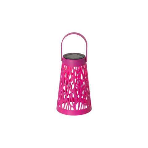 Pink solar-laterne mit perforiertem design und griff für warmweißes gelbes licht