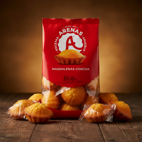 Ein leuchtend rotes paket arenas pueblo magdalenas concha mit sichtfenster zeigt goldbraune gebäckstücke 420 g