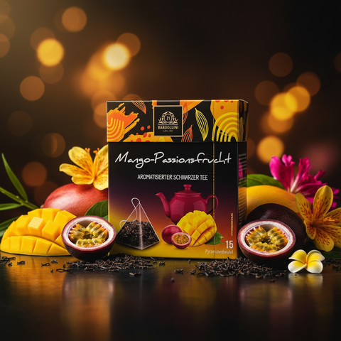Ein leuchtend gelb schwarzer karton barollini mango maracuja schwarzer tee mit dreieckigen pyramiden teebeuteln