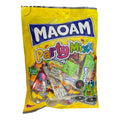 A vibrant yellow bag of maoam partymix 325g candy bursting with colorful wrappers and confetti