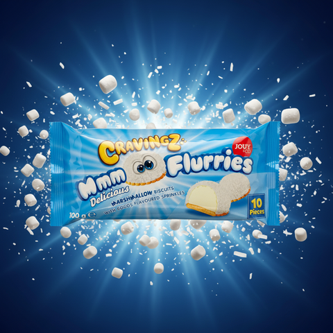 Blau verpackte cravingz flurries marshmallow biscuits mit cartoon-gesicht und weißen fluffigen kokosstücken 100g