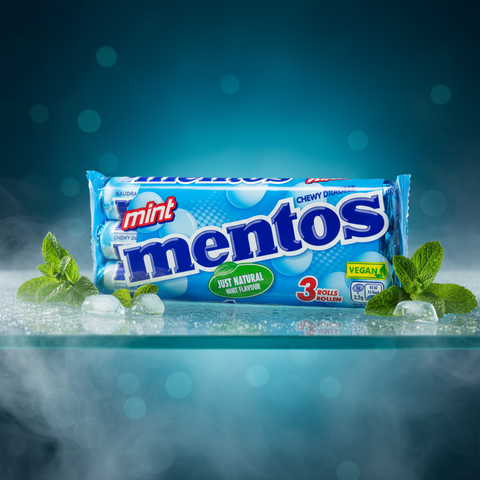 Ein pack blaue mentos mint bonbons mit weißen und grünen akzenten und glänzender verpackung