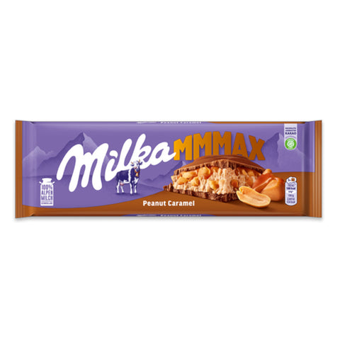 Milka peanutcaramel 276g schokoriegel in lila und braun mit erdnuss-karamell und ziegenlogo verpackung