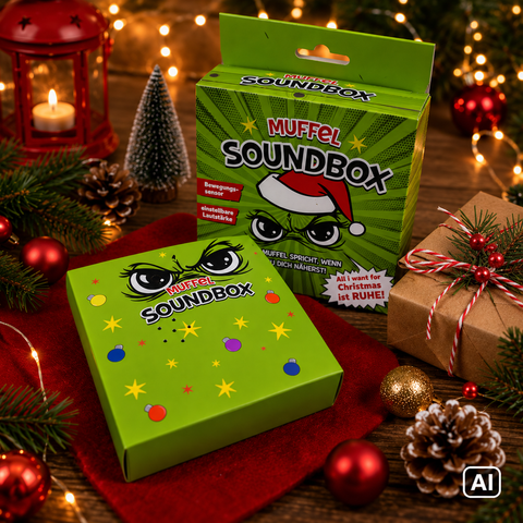 Grüne muffel soundbox aus karton mit cartoonaugen und weihnachtshut für festliche dekoration