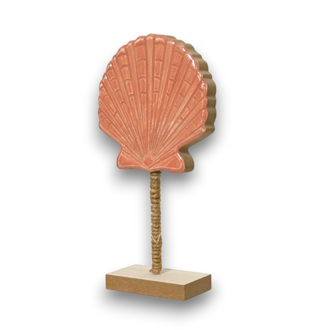 Coral-pink keramikk muschelskulptur auf gedrehtem seilstiel und holzsockel muschel mdf fsc 100 beige apricot