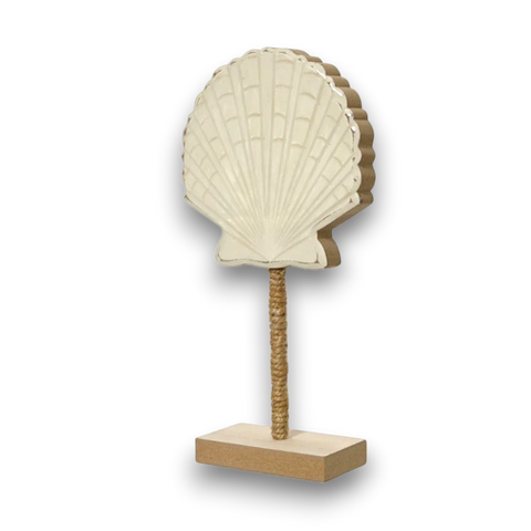 Creamfarbene muschelförmige dekorative lampe mit strukturierter seiloptik und holzfuß muschel mdf fsc 100 beige apricot