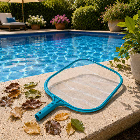 Ein leuchtend blaues plastik poolskimmernetz mit mesh-sieb auf einer steinmauer neben dem pool bestway oberflächenkescher aquascoop aufsatz