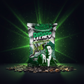 Grüne und schwarze snacktüte mit stilisiertem porträt eines mannes und der marke pipapo für geröstete sonnenblumenkerne naturell 100g
