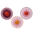 Drei 30cm blume papierfächer mit radiales blumenmuster und ausgeschnittenen diamantmustern am rand