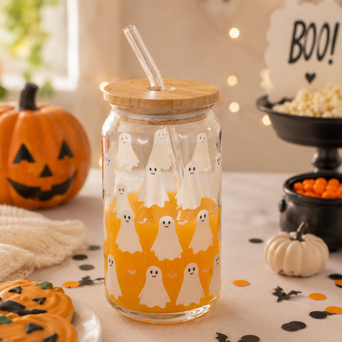 Partybecher "Ghostie" 440 ml aus Glas mit Bambusdeckel